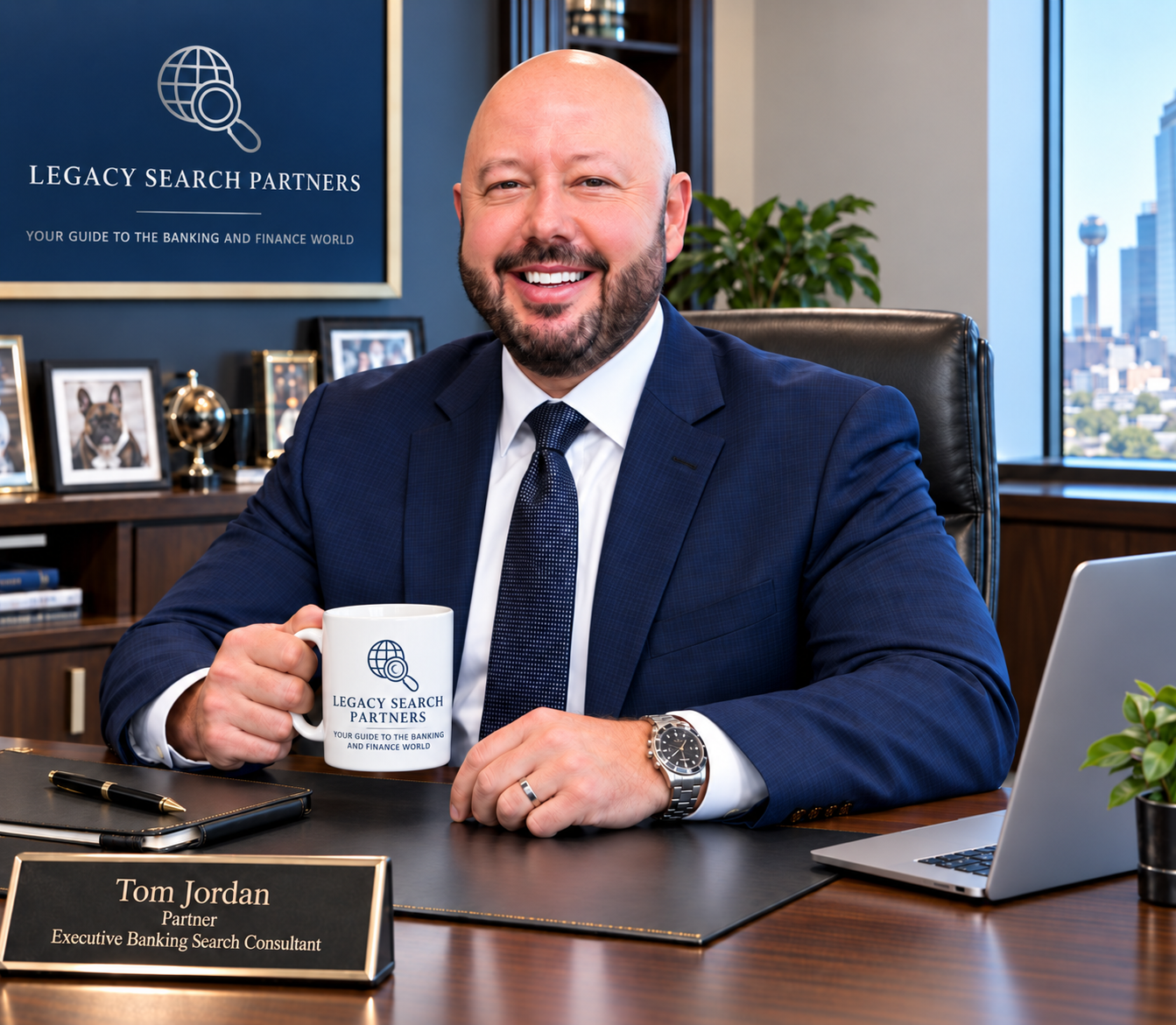 Tom Jordan seated at his desk in the Legacy Search Partners office